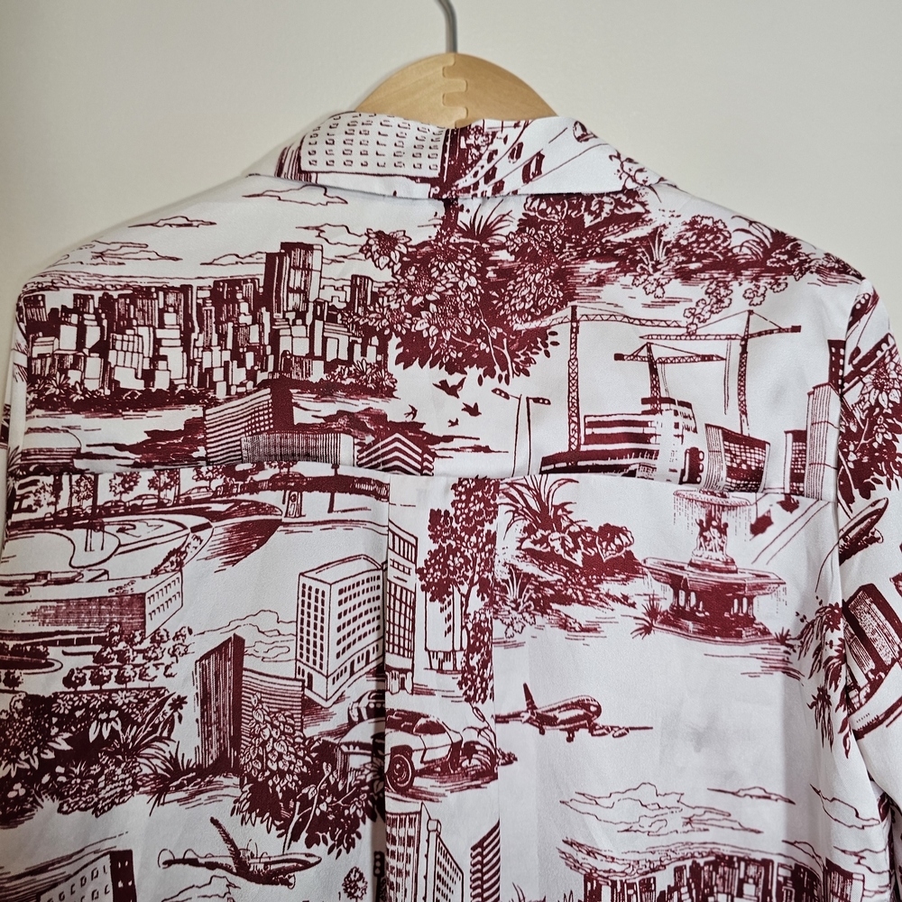 Zara Women’s White Red Toile Scenic Print Button-Down Blouse Size M Chic Classic - Picture 4 of 11